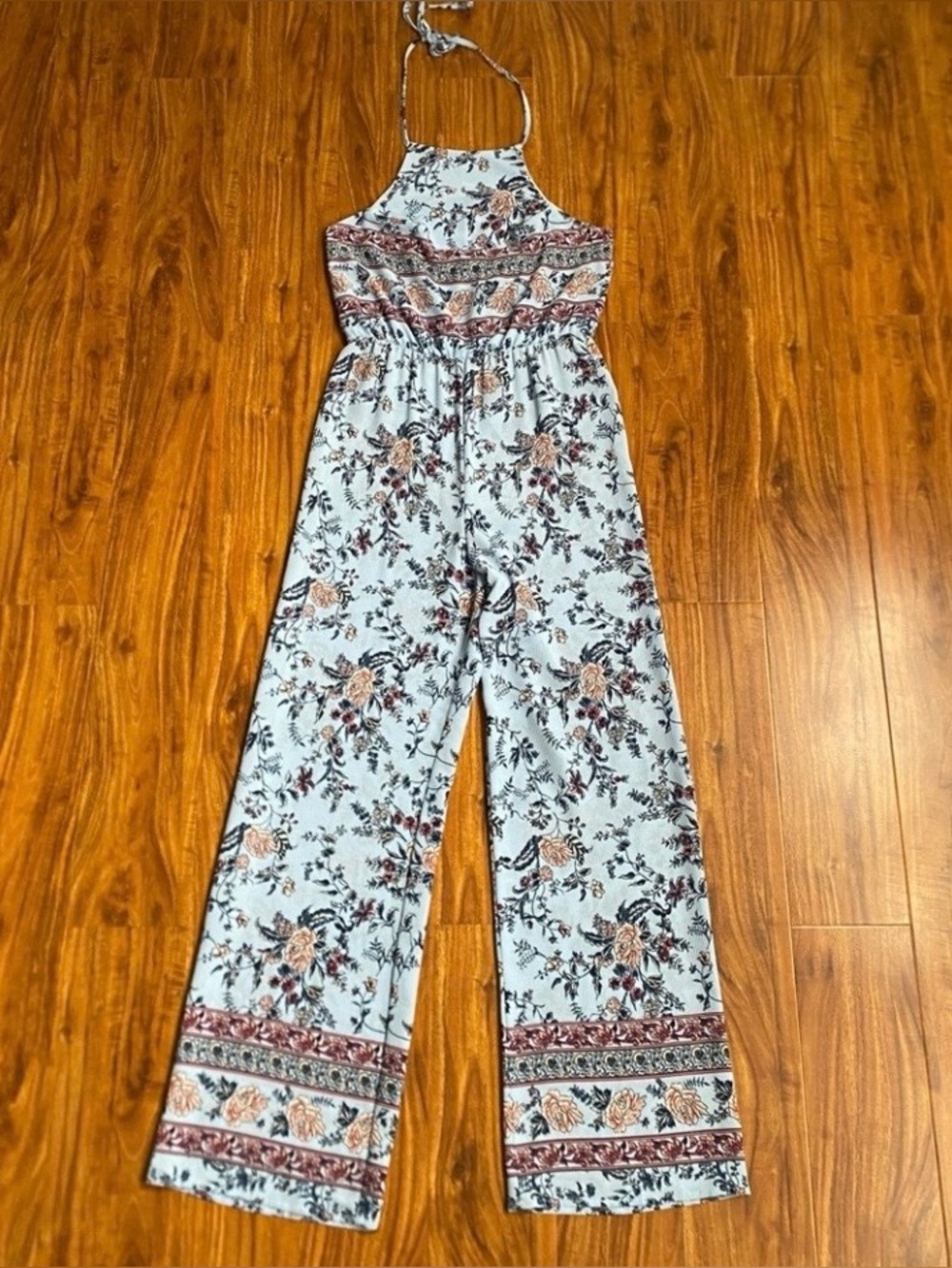 Crystal Sky Juniors Light Blue Floral Halter Jumpsuit Size 5 Boho Hippie Casual